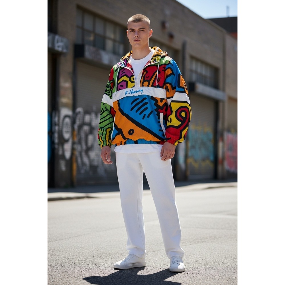 Members Only Keith Haring Anorak Large Multi-Color Excellent Pop Art Windbreaker